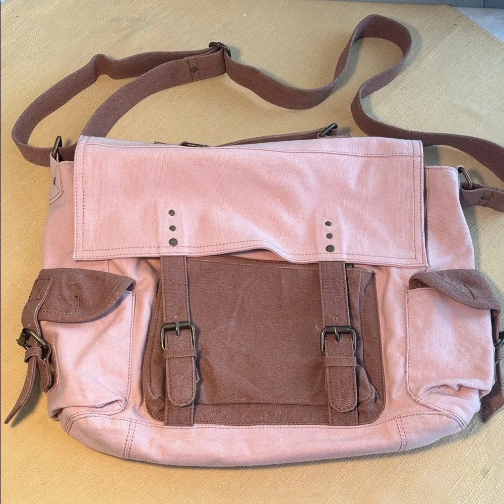 Mona B Pink and Tan Signature Canvas Messenger Computer Bag Tote